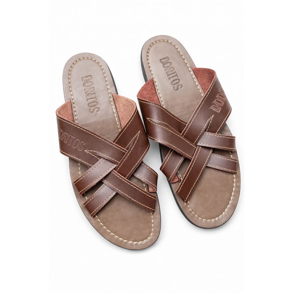 Mens Criss Cross Strap Leather Slide Sandals
